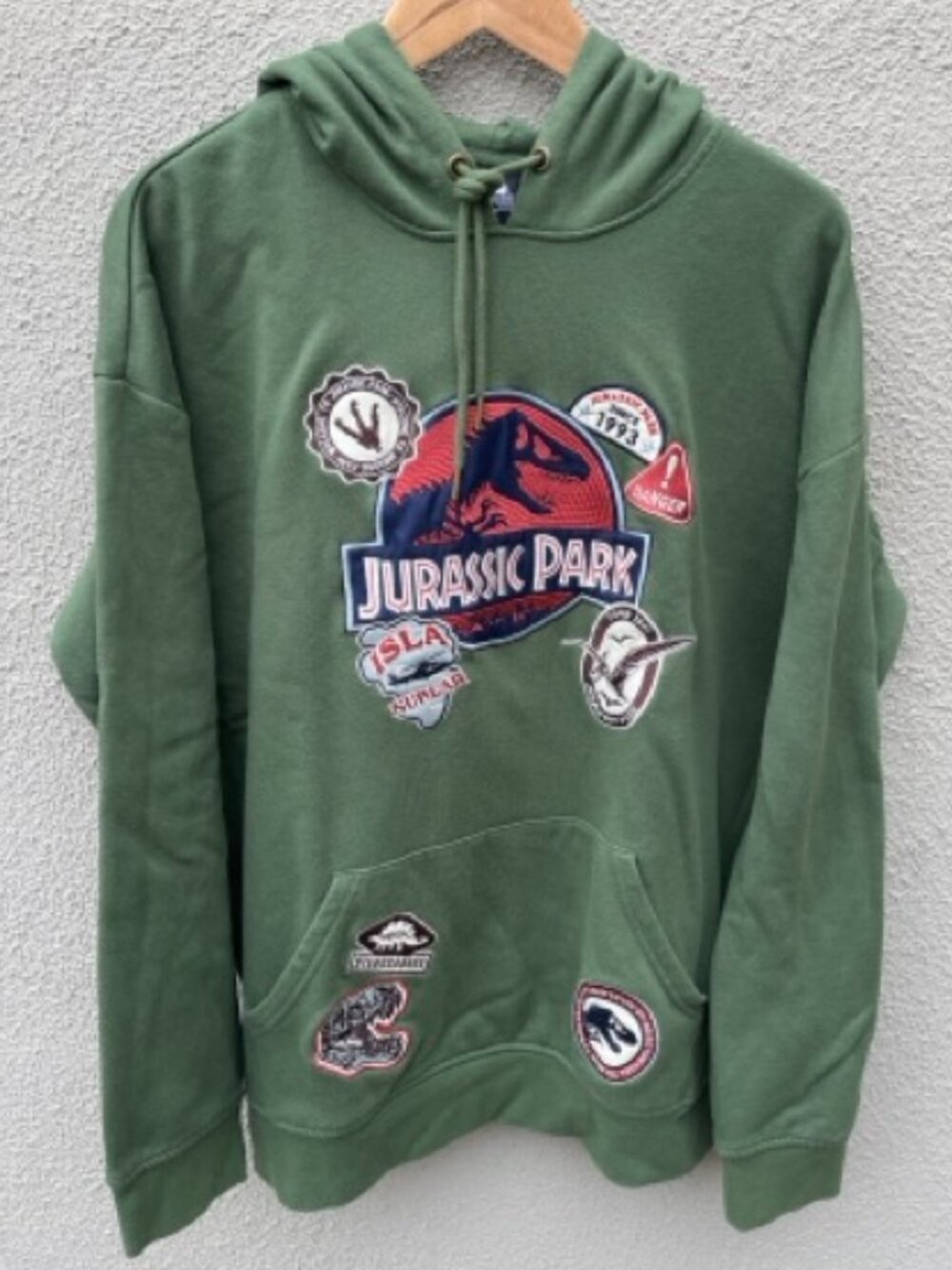 Vintage Style Jurassic Park embroidered Patch Hoodie green Large